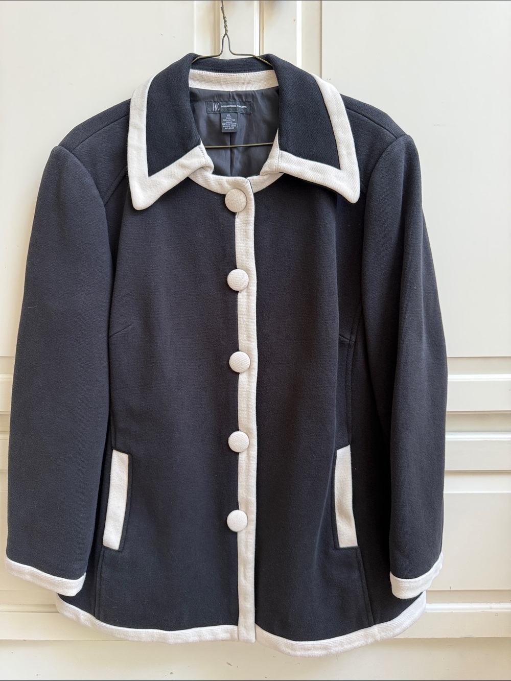 INC International Concepts Black Pea Coat with Cream Trim
